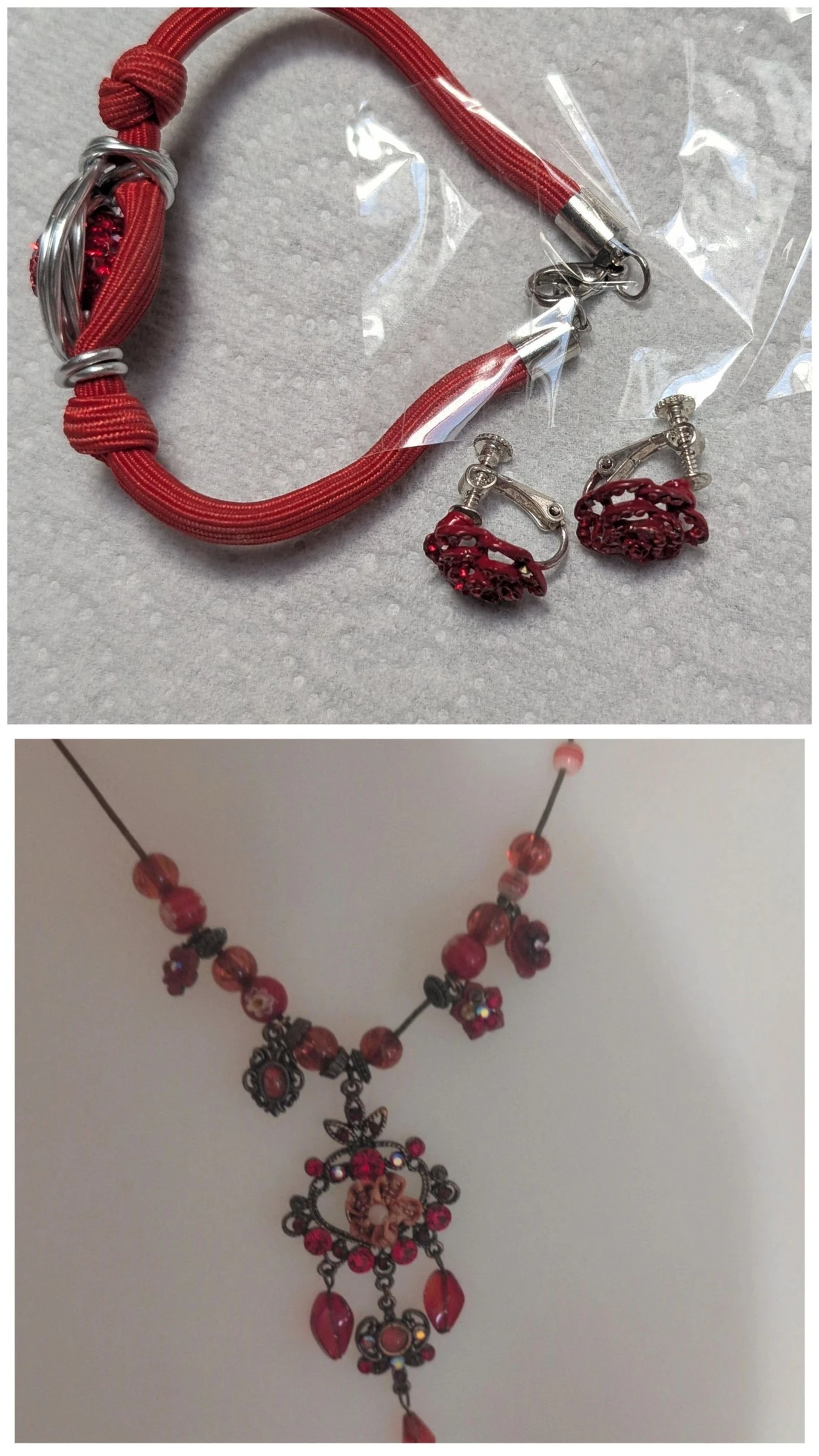 Parrure collier+ bracelet+ pinces a oreilles strass rouge 